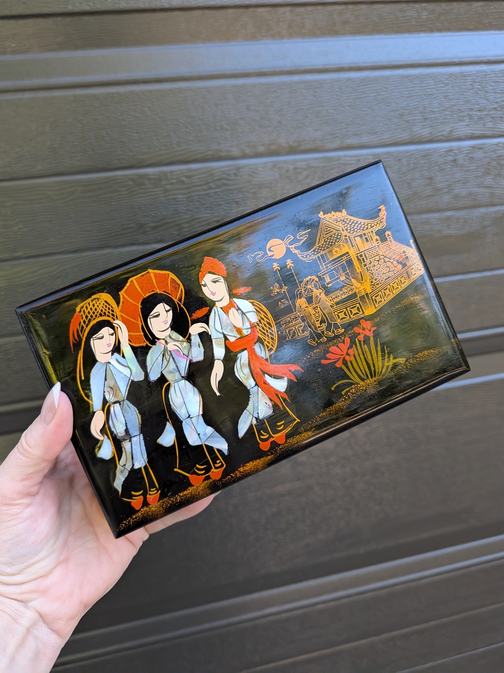 Hand-Painted Asian-Inspired Decorative Trinket Box in Black and Gold